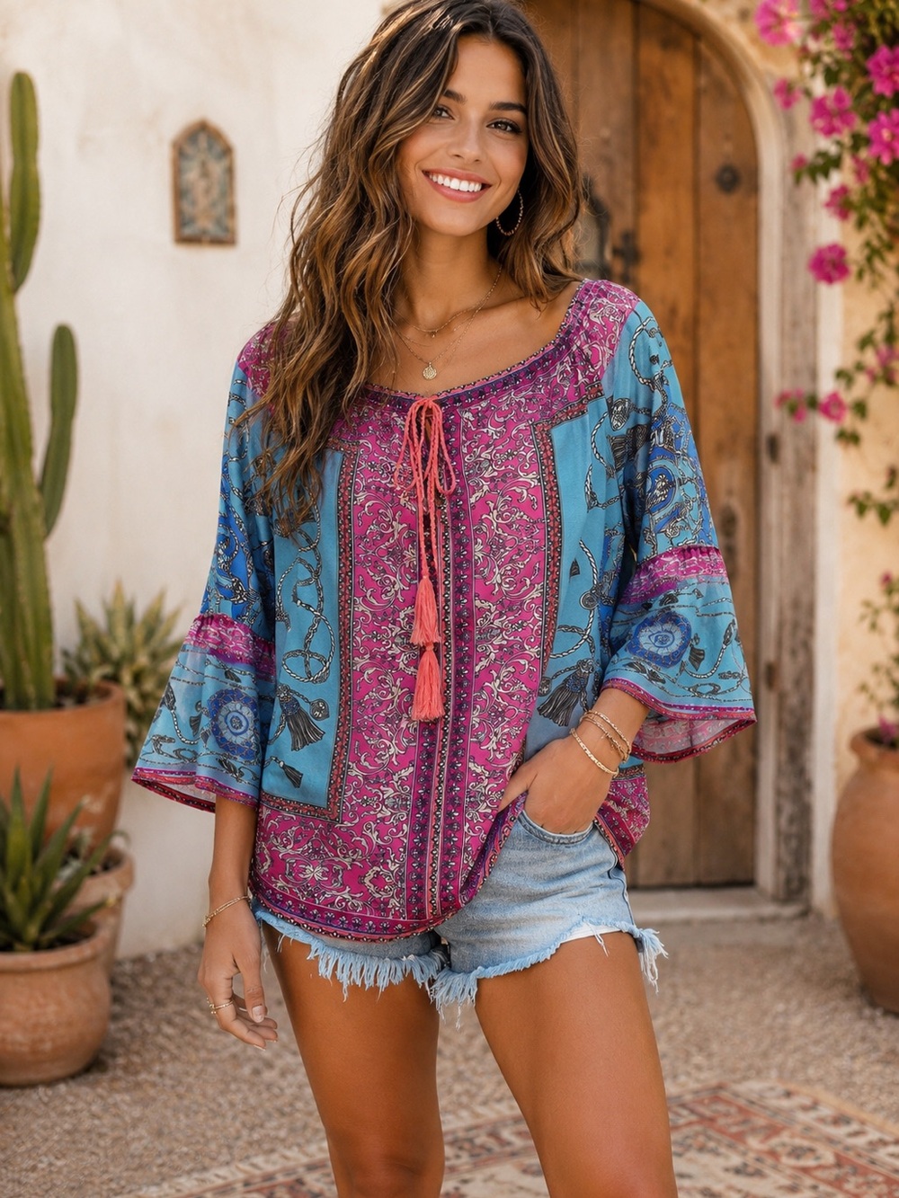 Umgee Boho Tie-Front Tunic in Fuchsia & Turquoise ☀️ 🌊
